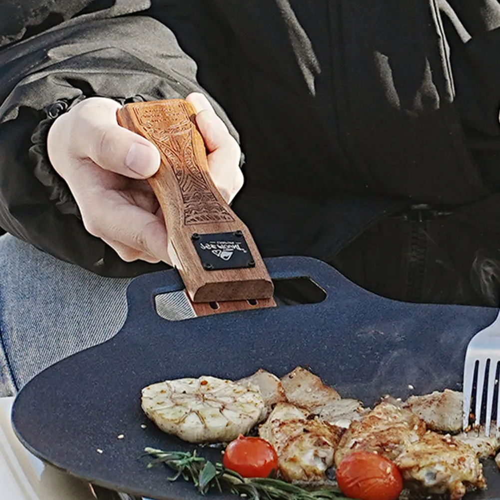 Camping Cooking Plate - 야외용 천연 나무 그릴 팬 손잡이
