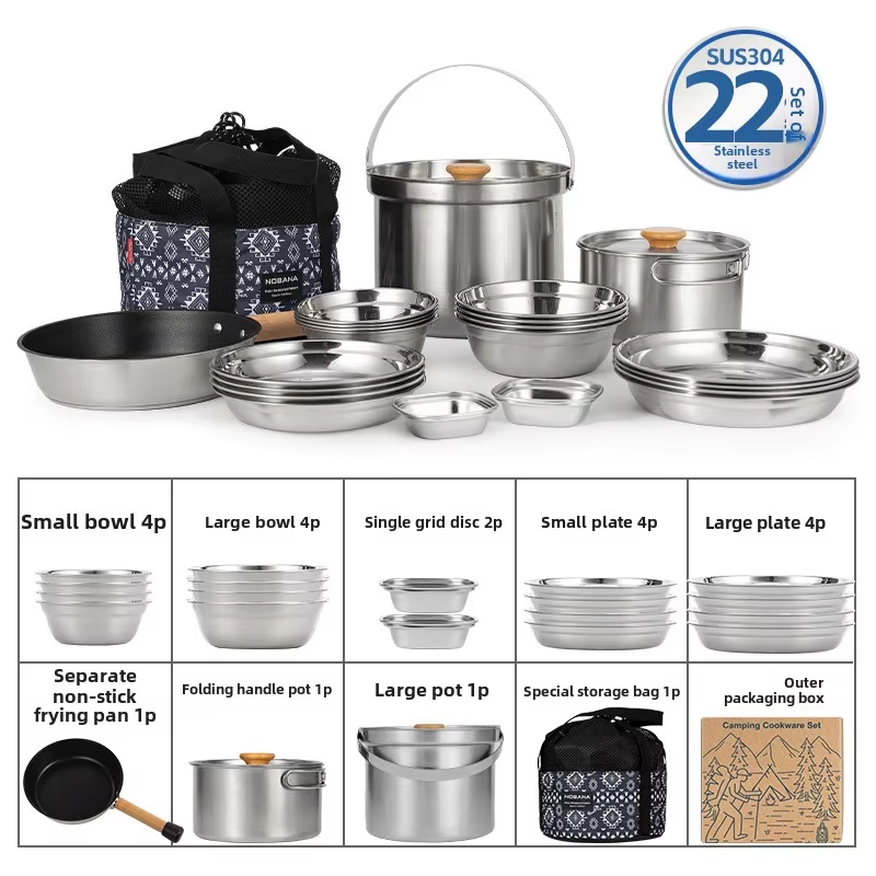 Camping Cooking Set With Bag - NOBANA 최신 야외 스테인레스 스틸 냄비