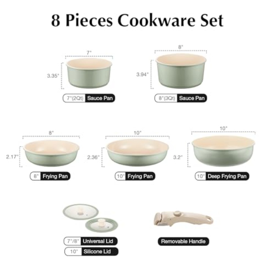 세라믹 냄비 프라이팬 세트 녹색 논스틱, 8종 탈부착  - Camping Cooking Set Detachable Handle 리뷰 및 가격