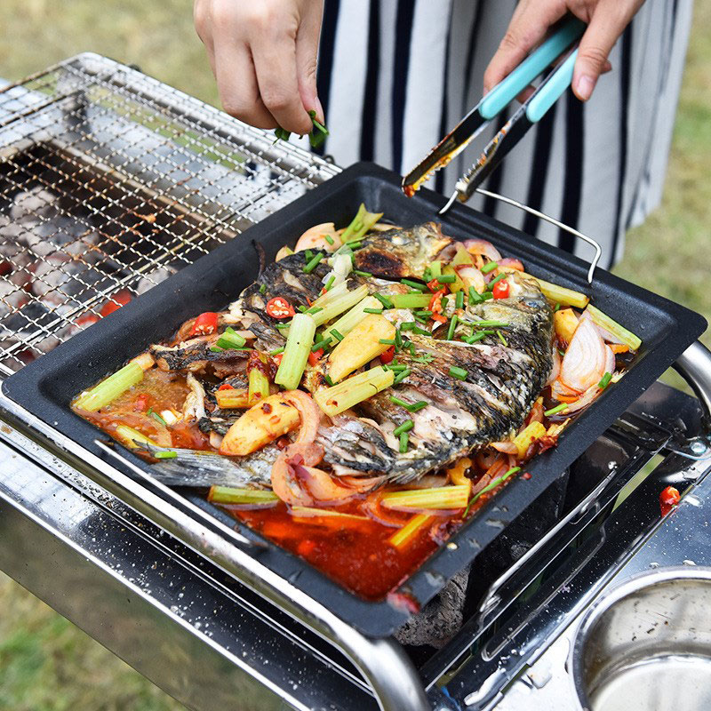 야외용 두꺼운 사각 그릴 팬, 손잡이 두 개, 휴대용  - Campfire Cooking Anime 리뷰 및 가격