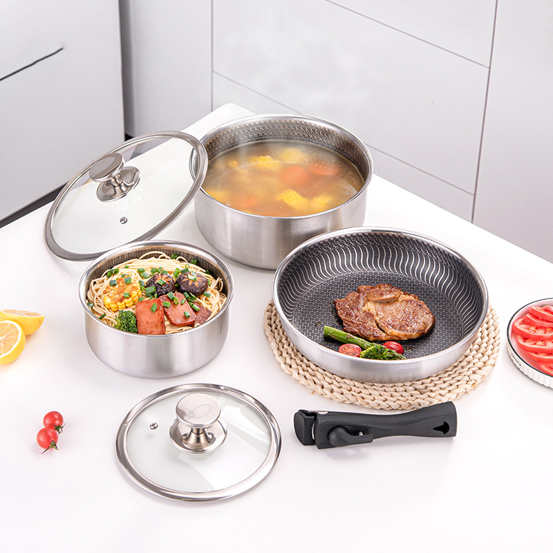 6개 세트 3중 스테인리스 스틸 조리기구 세트 하이브리 - Camping Cooking Set Detachable Handle 리뷰 및 가격